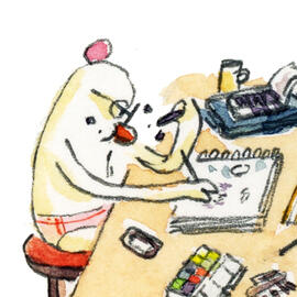 artist comfortable in her underwear drawing and eating snacks